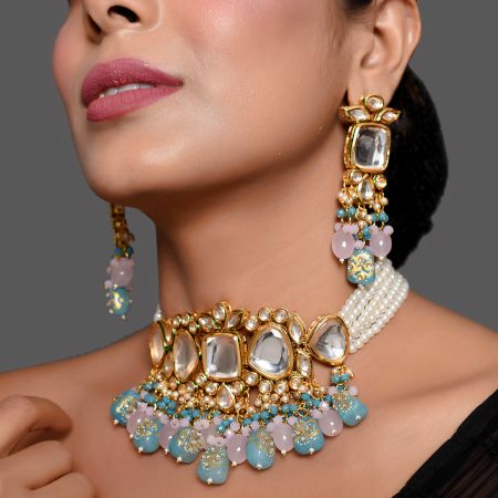 Pearl Beaded Statement Necklace Set with Mirror Stone Accents